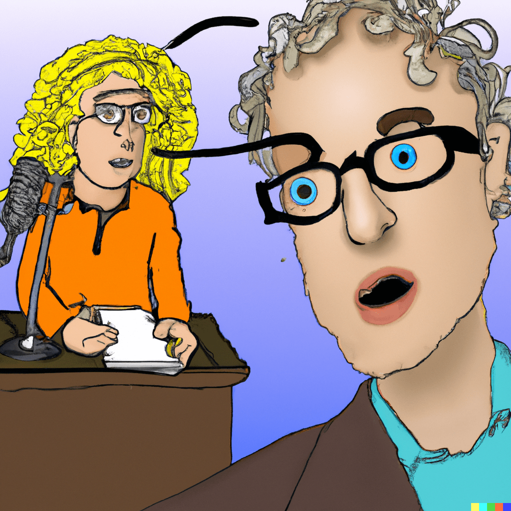A computer mind interviewing a male writer with blond curly hair and glasses
